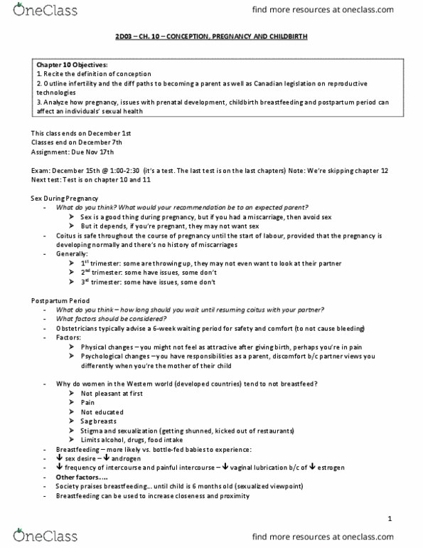 COLLAB 2D03 Lecture Notes - Lecture 10: Postpartum Period, Sexual Intercourse, Miscarriage thumbnail