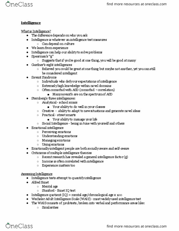 PSY 100 Lecture Notes - Lecture 32: Savant Syndrome, Comorbidity, Wechsler Adult Intelligence Scale thumbnail