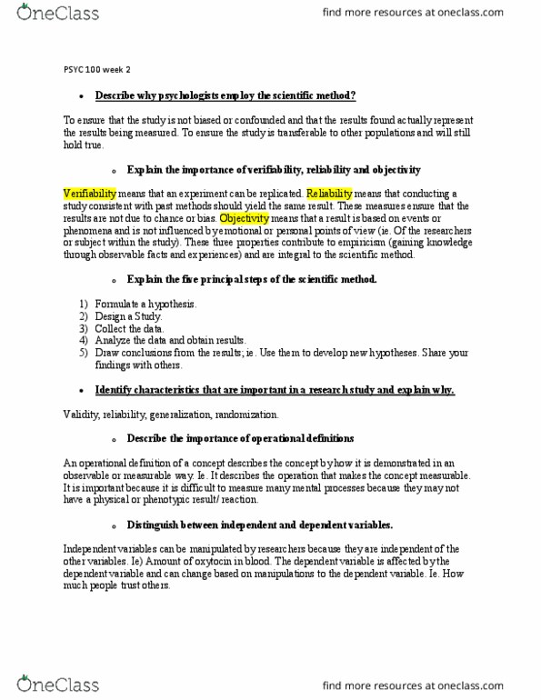 PSYC 100 Lecture Notes - Lecture 6: Random Assignment, Scientific Method, Dependent And Independent Variables thumbnail