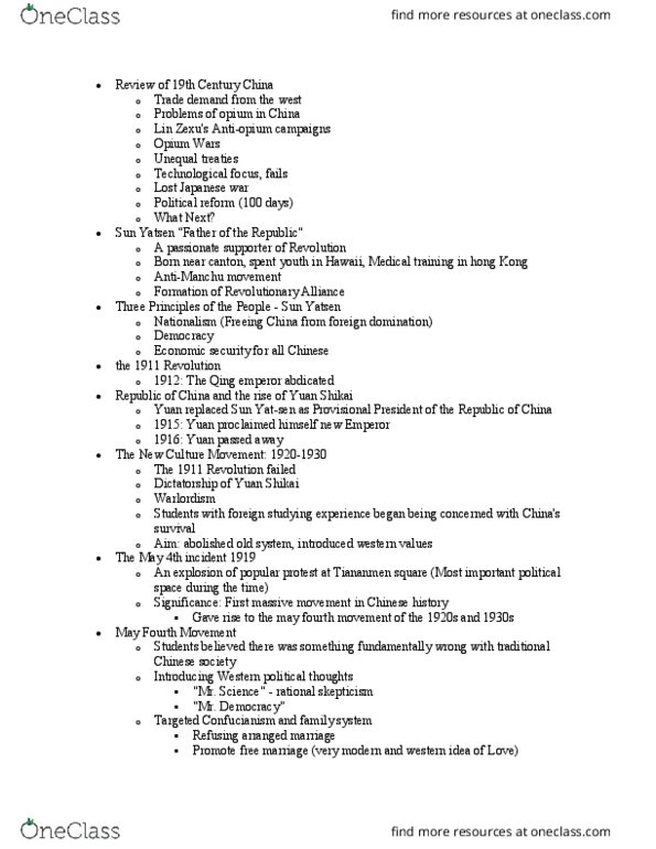 HIST 105 Lecture Notes - Lecture 19: May Fourth Movement, Yuan Shikai, New Culture Movement thumbnail