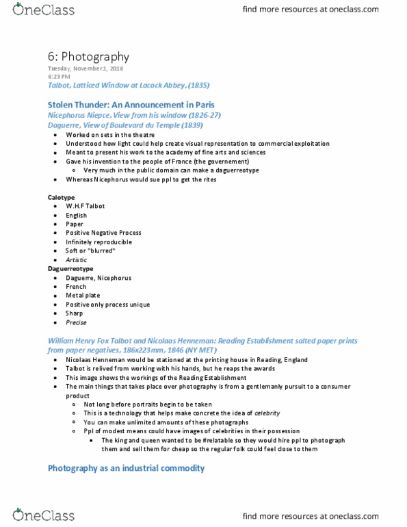 FAH245H1 Lecture Notes - Lecture 6: Henry Fox Talbot, Oscar Gustave Rejlander, Julia Margaret Cameron thumbnail