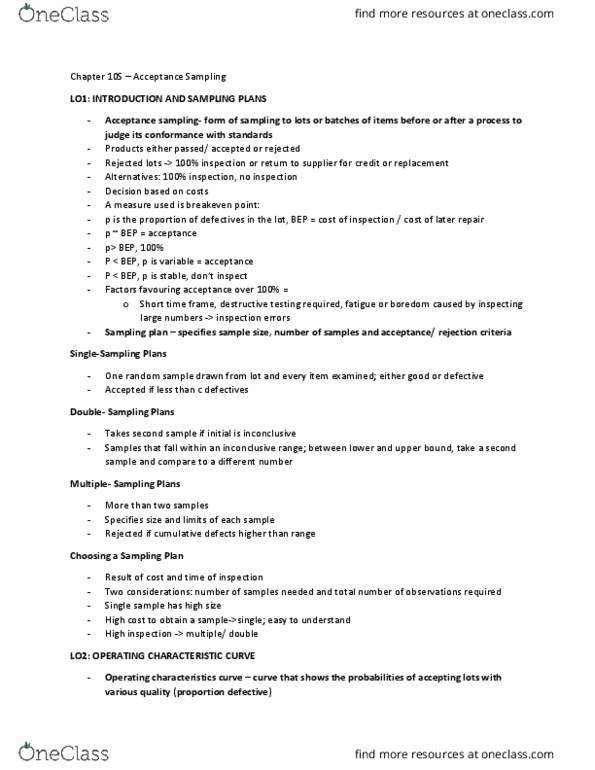 BU385 Chapter Notes - Chapter 10s: Acceptance Sampling, Destructive Testing, Liquid Oxygen thumbnail