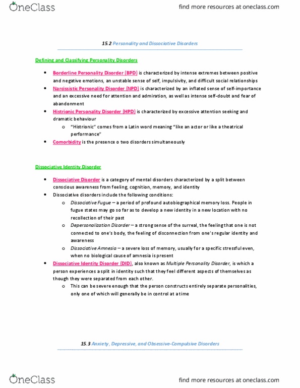 PSYA01H3 Chapter Notes - Chapter 15.2-15.3: Fugue State, Histrionic Personality Disorder, Dissociative Identity Disorder thumbnail