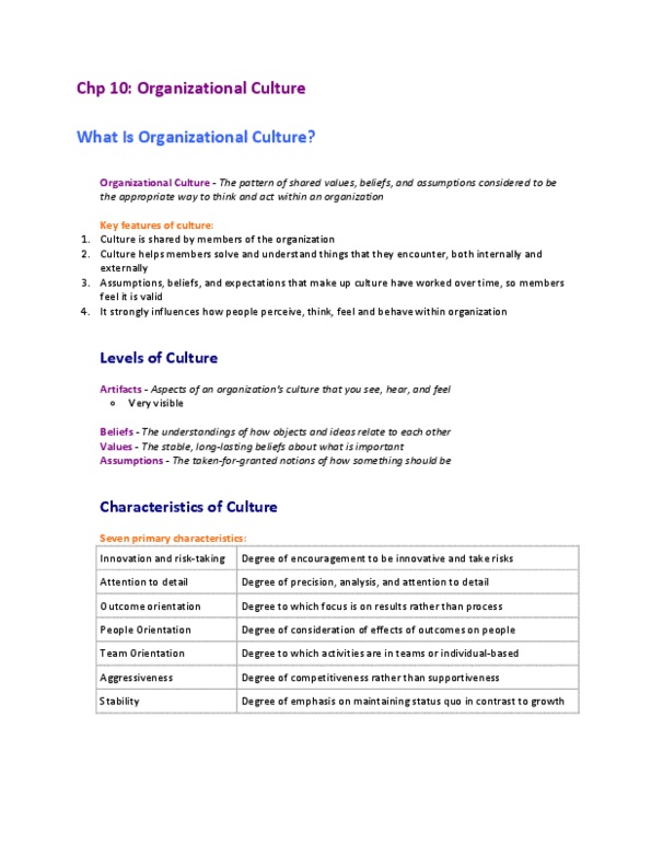 BUS 272 Chapter Notes - Chapter 10: Organizational Culture, Jargon, Egalitarianism thumbnail