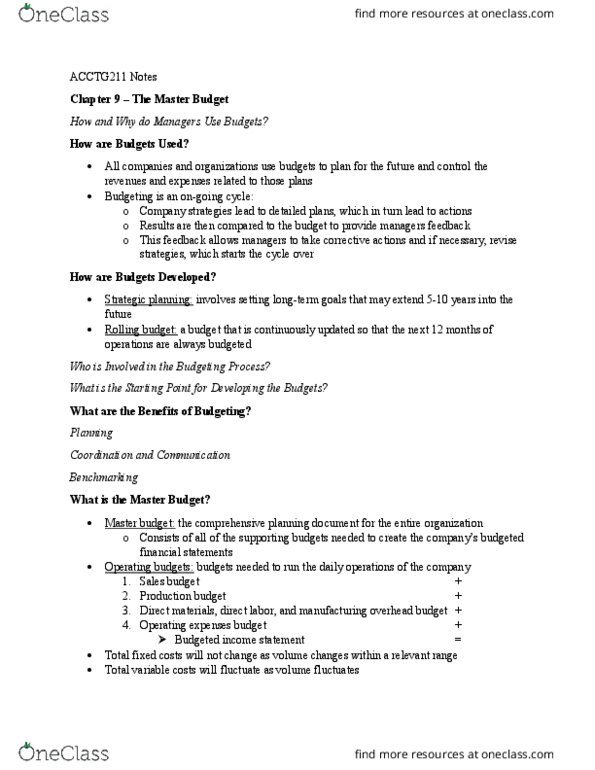 ACCTG 211 Chapter Notes - Chapter 9: Budget, Strategic Planning, Safety Stock thumbnail