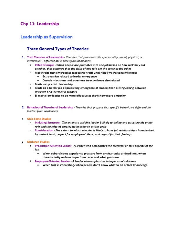BUS 272 Chapter Notes - Chapter 11: Big Five Personality Traits, Fiedler Contingency Model, Ken Blanchard thumbnail
