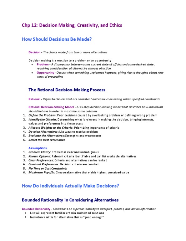 BUS 272 Chapter Notes - Chapter 12: Decision-Making, Bounded Rationality, Confirmation Bias thumbnail