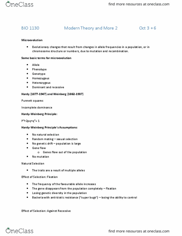 BIO 1130 Lecture Notes - Lecture 8: Punnett Square, Allele Frequency, Directional Selection thumbnail