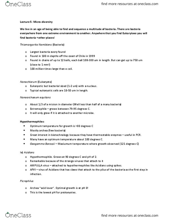 MICR 221 Lecture Notes - Lecture 5: Nanoarchaeum Equitans, Archaea, Picrophilus thumbnail