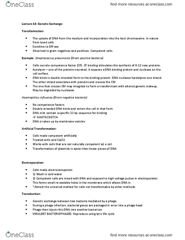 MICR 221 Lecture Notes - Lecture 14: Haemophilus Influenzae, Electroporation, Autolysin thumbnail