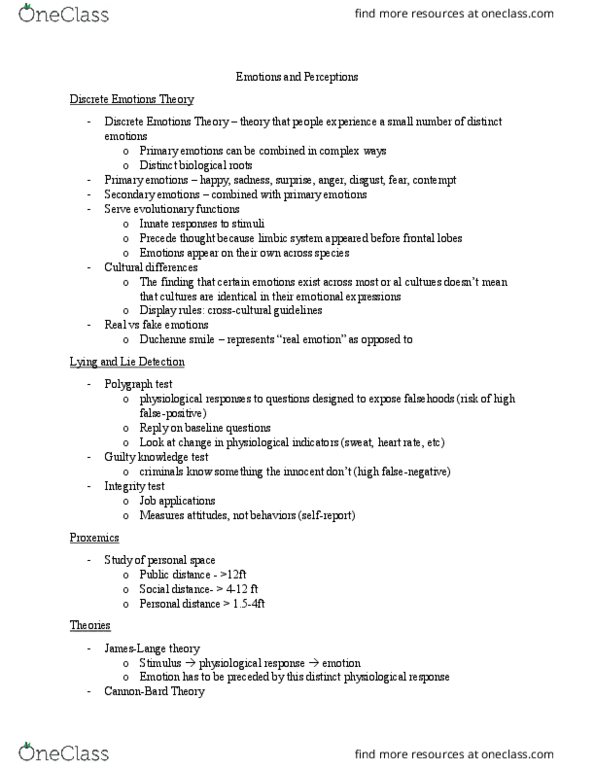 PSYC 100 Lecture Notes - Lecture 2: Display Rules, Limbic System, Proxemics thumbnail