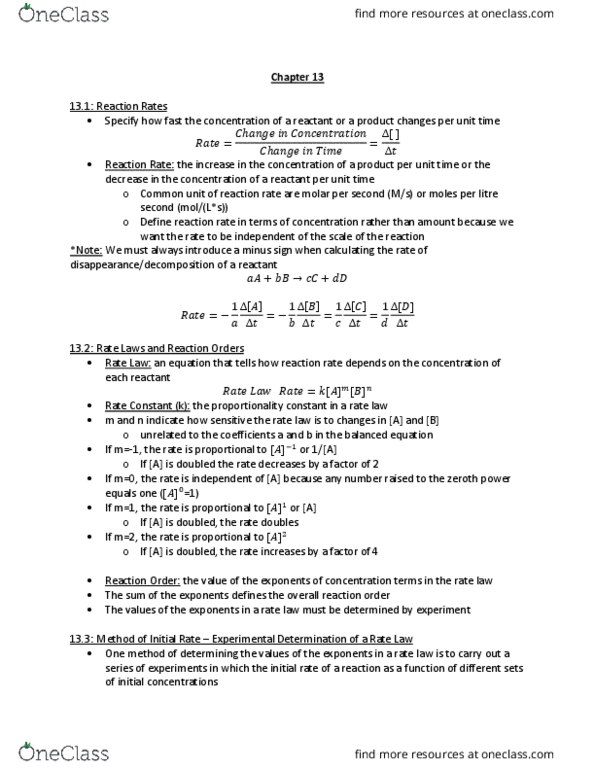 CHM135H1 Chapter Notes - Chapter 13: Reaction Rate Constant, Rate Equation, Reaction Rate thumbnail