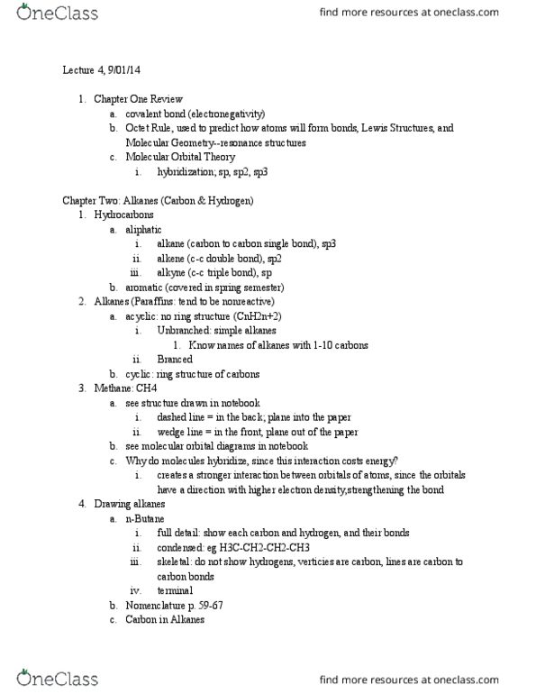 CHEM 201DL Lecture Notes - Lecture 2: Alkane, Covalent Bond, Aliphatic Compound thumbnail