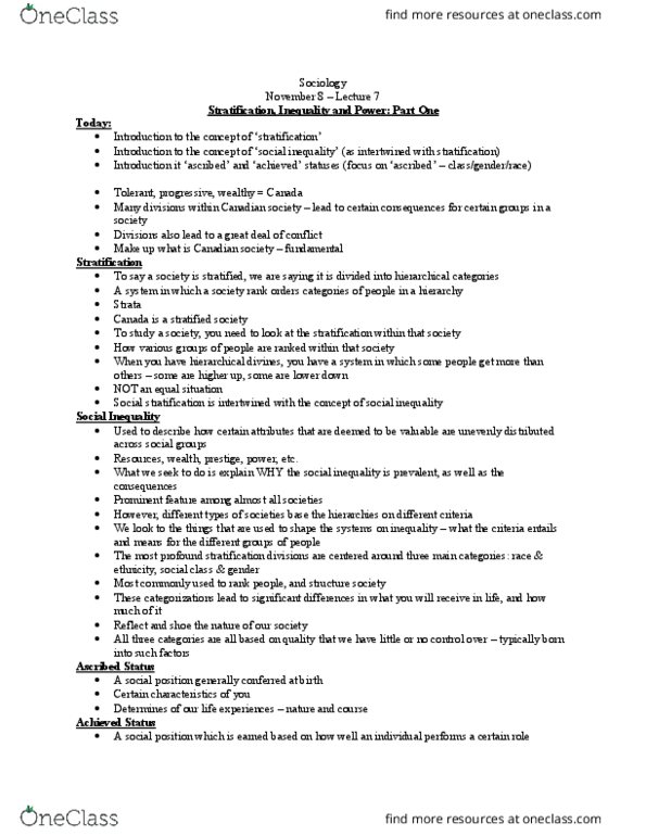 SOCI 1001H Lecture Notes - Lecture 7: Social Stratification, Class Consciousness, Social Inequality thumbnail