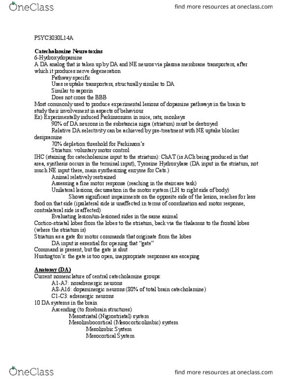 PSYC 3030 Lecture Notes - Lecture 14: Anterior Olfactory Nucleus, Adenylyl Cyclase, Dopamine Receptor D2 thumbnail