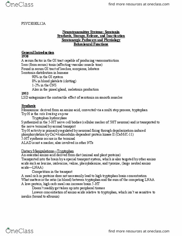 PSYC 3030 Lecture Notes - Lecture 12: Tryptophan Hydroxylase, Essential Amino Acid, Monoamine Transporter thumbnail