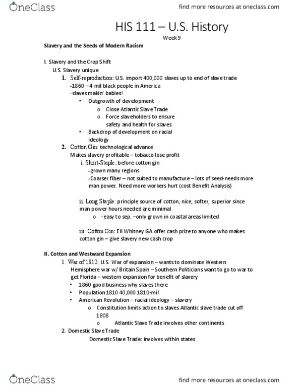 HIS 111 Lecture Notes - Lecture 9: Atlantic Slave Trade, Cotton Gin, United States Territorial Acquisitions thumbnail