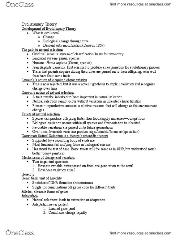 ANT 101 Lecture Notes - Lecture 7: Jean-Baptiste Lamarck, Carl Linnaeus, Chin thumbnail