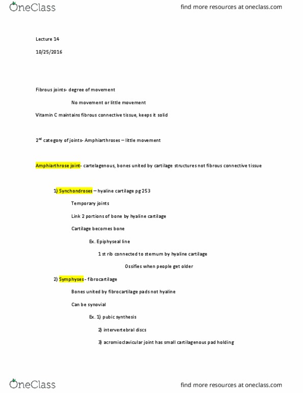 BIOL 207 Lecture Notes - Lecture 14: Medial Collateral Ligament, Acromioclavicular Joint, Synovial Fluid thumbnail