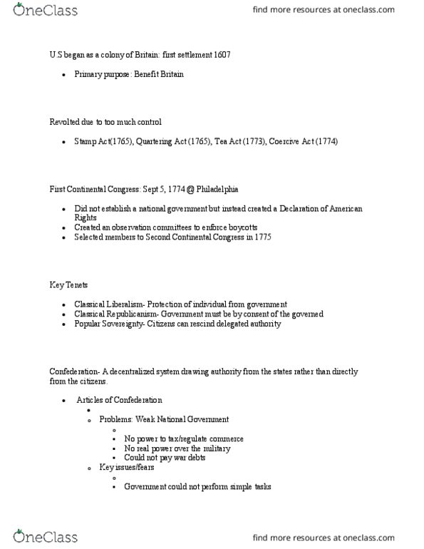 POLS 206 Lecture Notes - Lecture 7: First Continental Congress, Tenth Amendment To The United States Constitution, Quartering Acts thumbnail