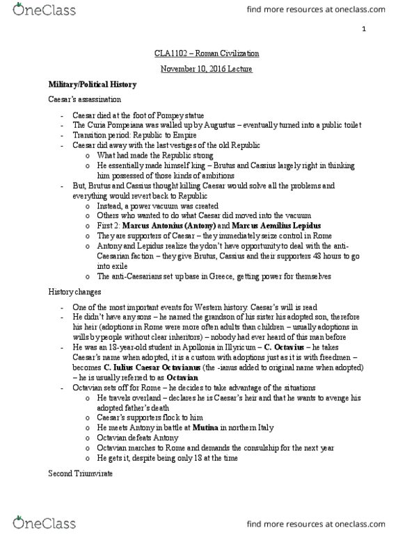 CLA 1102 Lecture Notes - Lecture 16: Pontifex Maximus, Octavians, Brindisi thumbnail