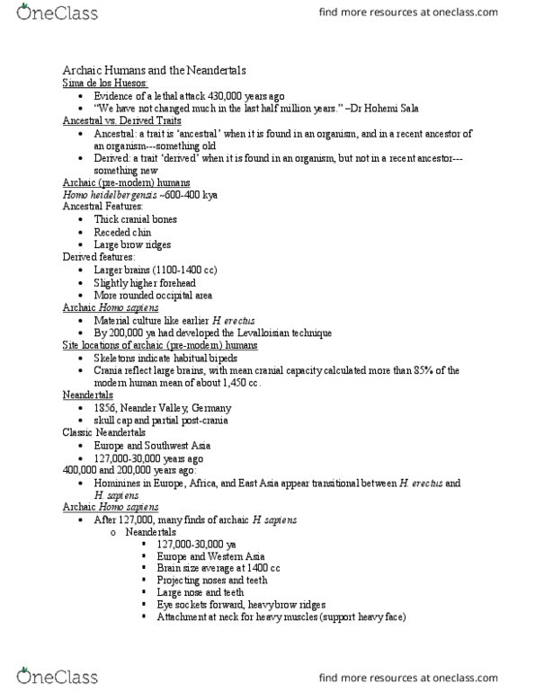 ANT 101 Lecture Notes - Lecture 15: Atapuerca Mountains, Archaic Humans, Homo Heidelbergensis thumbnail