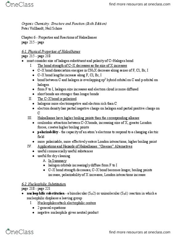 CHEM 140A Chapter Notes - Chapter 6: Nucleophilic Substitution, Bond-Dissociation Energy, Nucleophilic Addition thumbnail