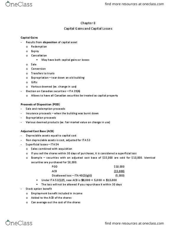 BUS 329 Chapter Notes - Chapter 8: Capital Gain, Capital Asset, Capital Cost thumbnail