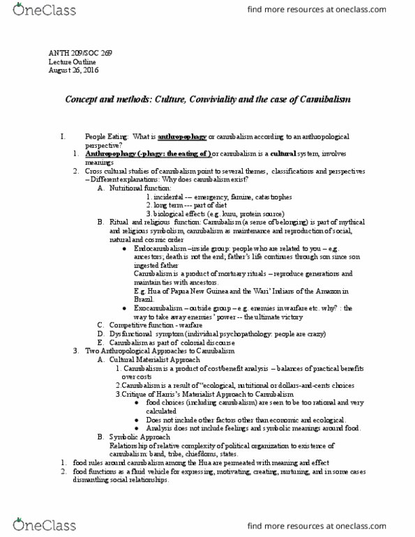 ANTH 209 Lecture Notes - Lecture 2: Cannibalism, Endocannibalism, Psychopathology thumbnail