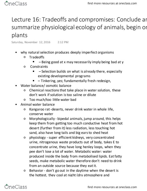 BIO120H1 Lecture Notes - Lecture 16: Kangaroo Rat, Evaporative Cooler, Metabolic Water thumbnail
