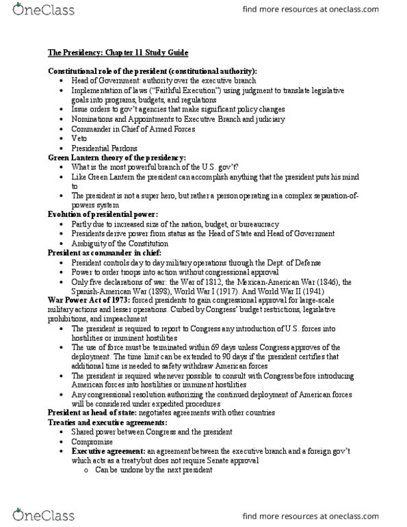 POLS 1101 Lecture Notes - Lecture 11: Office Of The United States Trade Representative, Executive Agreement, Signing Statement thumbnail