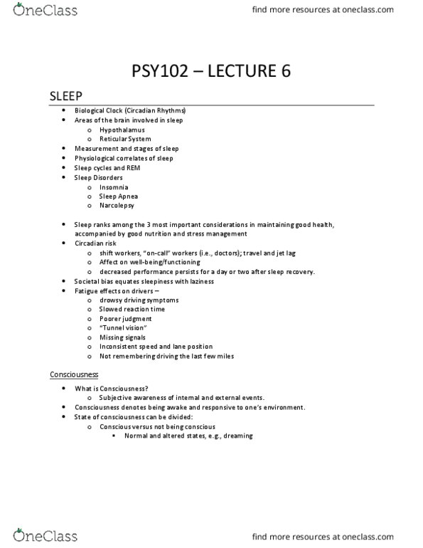 PSY 102 Lecture Notes - Lecture 6: Circadian Rhythm, Sleep Deprivation, Jet Lag thumbnail