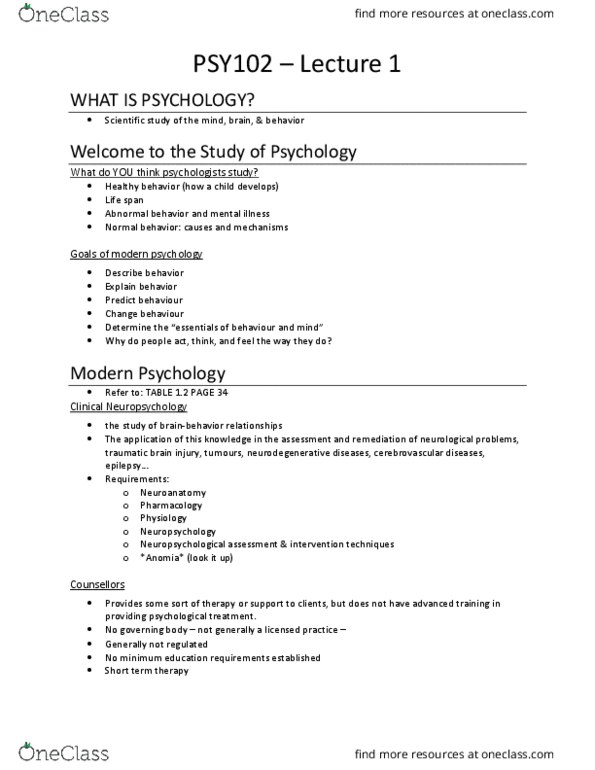 PSY 102 Lecture Notes - Lecture 1: Cognitive Behavioral Therapy, Traumatic Brain Injury, Neuropsychological Assessment thumbnail