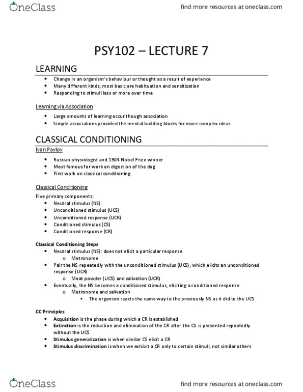 PSY 102 Lecture Notes - Lecture 7: Classical Conditioning, Little Albert Experiment, Operant Conditioning thumbnail