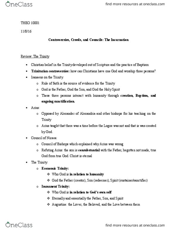 THEO10001 Lecture Notes - Lecture 20: Homoousion, Docetism, Nestorianism thumbnail