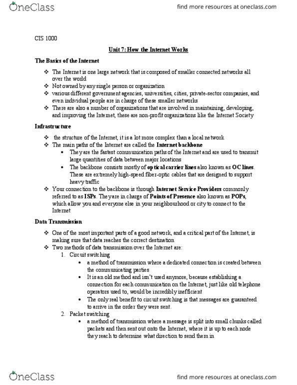 CIS 1000 Lecture Notes - Lecture 7: Transmission Control Protocol, Packet Switching, Internet Backbone thumbnail