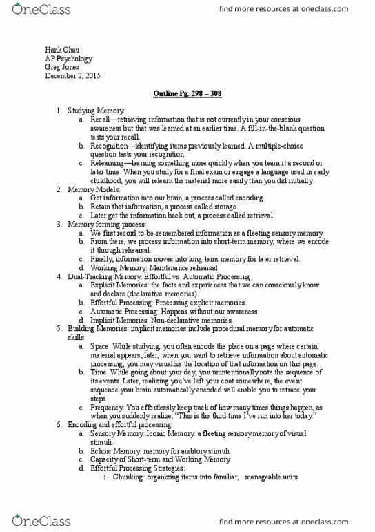 PSYCH 111 Lecture Notes - Lecture 15: Ap Psychology, Sensory Memory, Procedural Memory thumbnail
