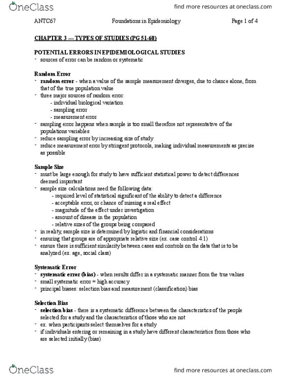 ANTC67H3 Chapter Notes - Chapter 3 (pg 51-60): Recall Bias, Observational Error, Confounding thumbnail