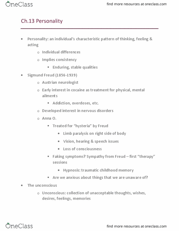 PSY 150A1 Lecture Notes - Lecture 13: Rorschach Test, Freudian Slip, Electra Complex thumbnail