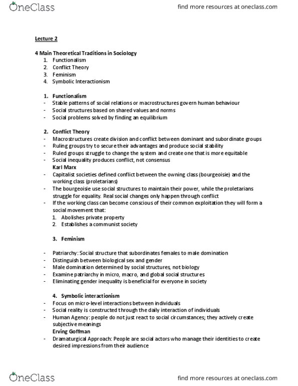 SY101 Lecture Notes - Lecture 2: Symbolic Interactionism, Bourgeoisie, Social Conflict thumbnail