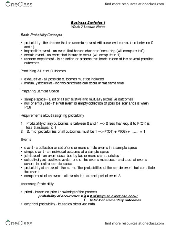 QMS 102 Lecture Notes - Lecture 7: Collectively Exhaustive Events, Mutual Exclusivity, Sample Space thumbnail