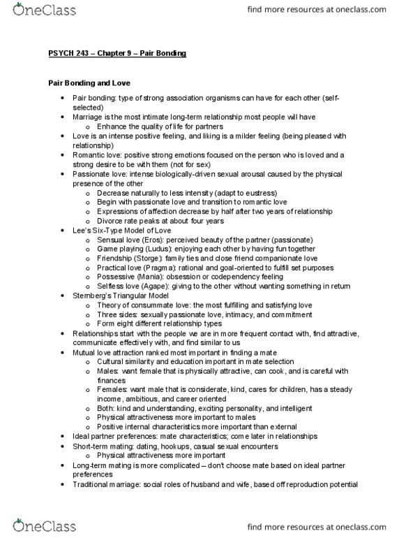 PSYCH 243 Chapter Notes - Chapter 9: Pair Bond, Storge, Traditional Marriage thumbnail