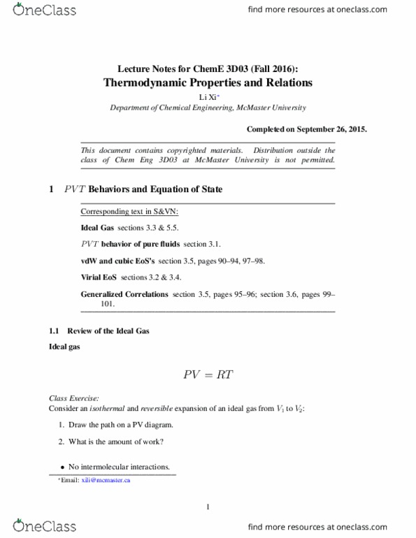 CHEMENG 3D03 Lecture Notes - Lecture 3: Phase Rule, Ideal Gas, Chemical Engineering thumbnail