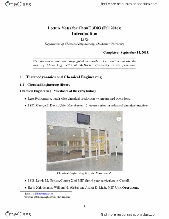 CHEMENG 3D03 Lecture Notes - Lecture 2: Warren Lewis, Rudolf Clausius, Chemical Thermodynamics thumbnail