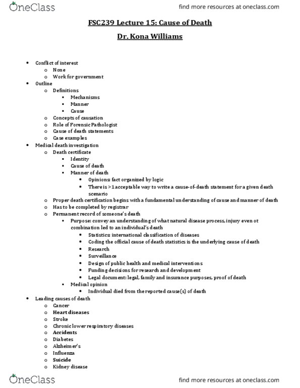 FSC239Y5 Lecture Notes - Lecture 15: Forensic Pathology, Death Certificate, Criminal Negligence thumbnail