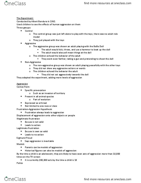 PSYS 316 Lecture Notes - Lecture 12: Albert Bandura, The Control Group, Sigmund Freud thumbnail