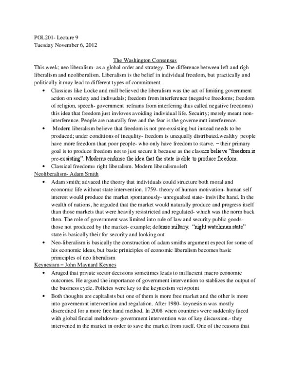 POL201Y1 Lecture Notes - John Maynard Keynes, Washington Consensus, Classical Liberalism thumbnail