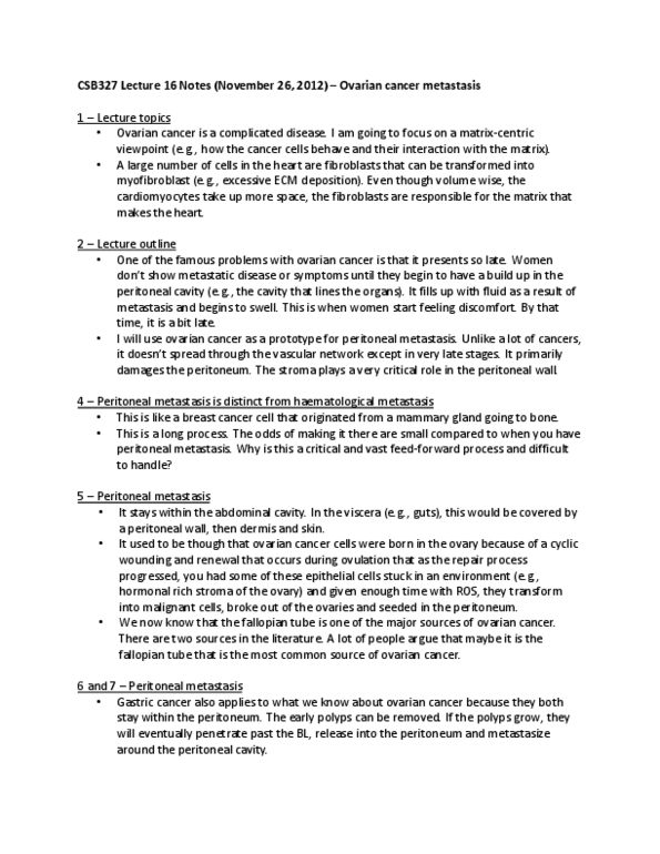 CSB327H1 Lecture Notes - Lecture 16: Ovarian Cancer, Metastasis, Mesothelium thumbnail