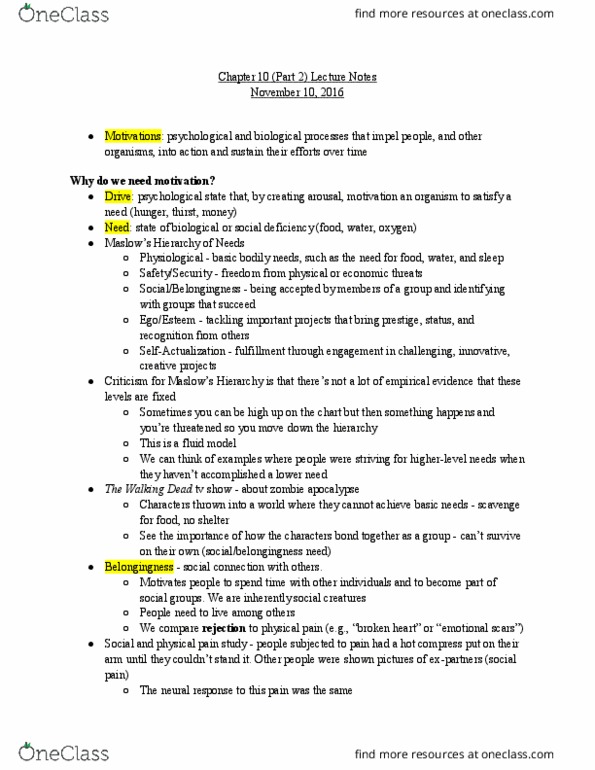 PSY-0001 Lecture Notes - Lecture 15: Zombie, Tom Hanks, Belongingness thumbnail