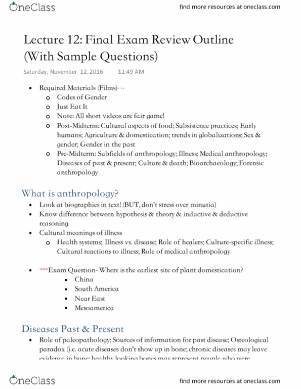 ANTHROP 1AA3 Lecture Notes - Lecture 12: Bioarchaeology, Paleopathology, Medical Anthropology thumbnail